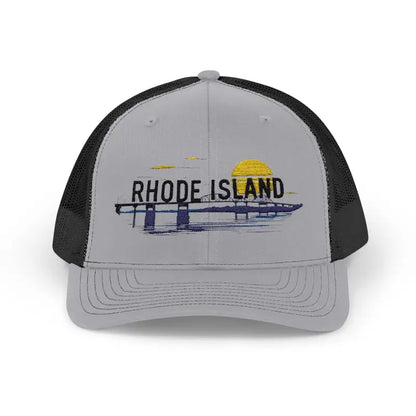 Gray and black Rhode Island Embroidered Snapback Trucker Cap displayed on a neutral background