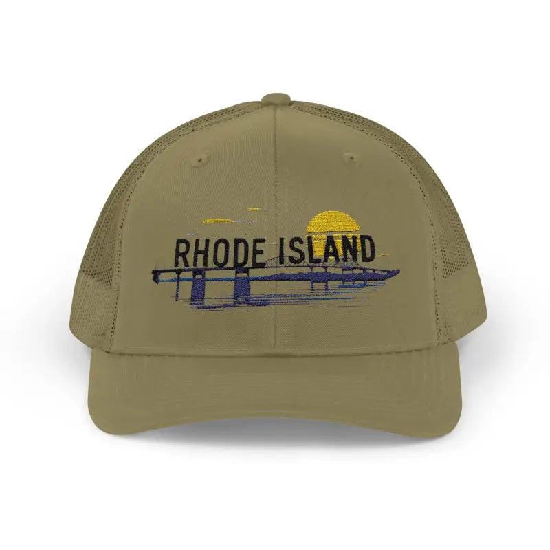 Khaki trucker hat featuring Rhode Island embroidery on a snapback cap