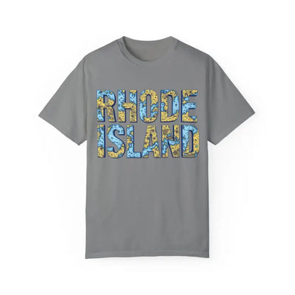 Gray T-shirt featuring Rhode Island map text in a casual coastal style