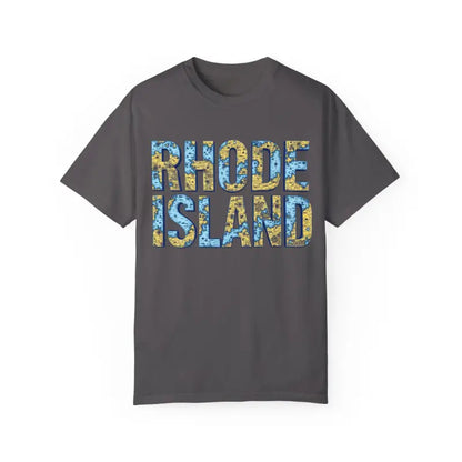 Gray Rhode Island map t-shirt for casual coastal style in unisex design