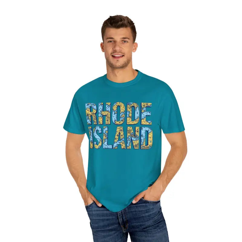 Teal Rhode Island garment dyed unisex t-shirt with casual coastal vibe