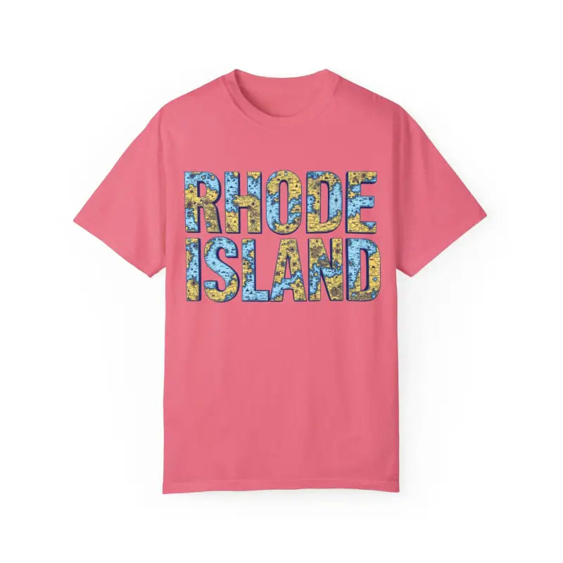 Pink Rhode Island T-shirt showcasing a casual coastal vibe in garment-dyed fabric