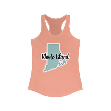 Peach-colored Racerback Tank Top featuring Rhode Island graphic design