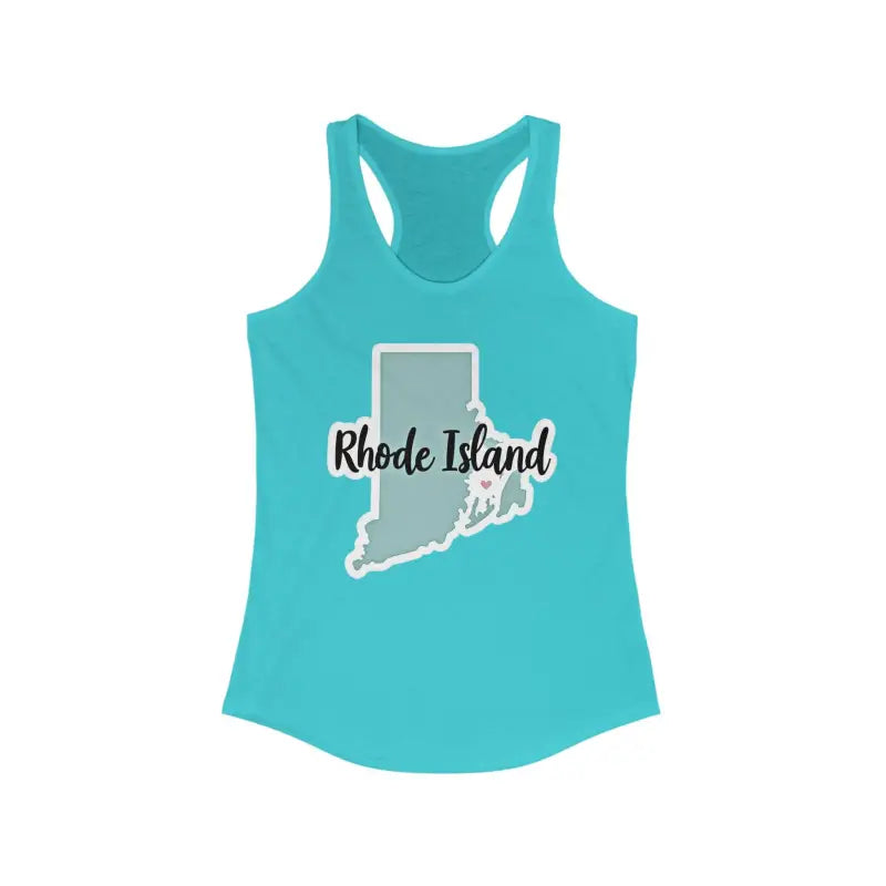 Turquoise Rhode Island graphic racerback tank top for stylish casual wear