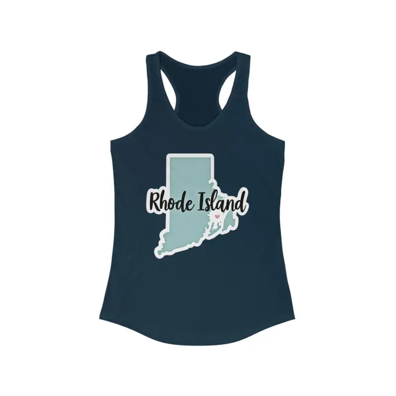 Dark blue Rhode Island graphic racerback tank top for stylish casual wear