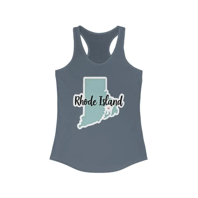 Gray Rhode Island Graphic Racerback Tank Top showcasing stylish design and comfort