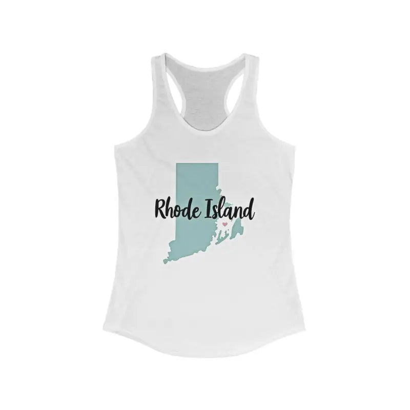 White Rhode Island graphic racerback tank top for stylish summer attire