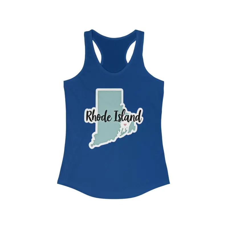 Blue Rhode Island Graphic Racerback Tank Top for casual summer wear