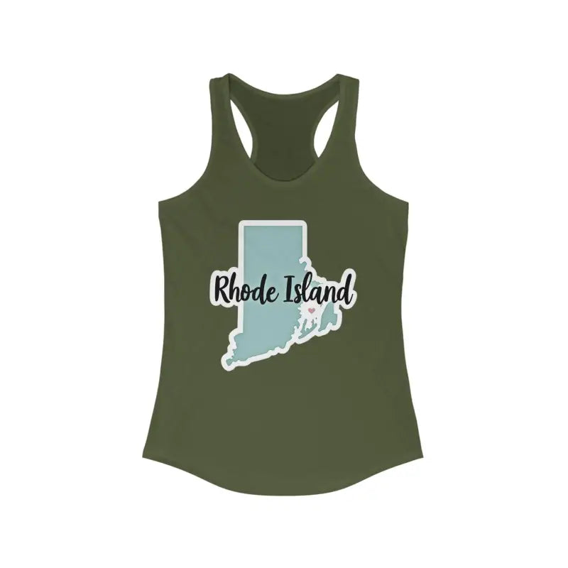 Olive green Rhode Island graphic tank top with racerback design for stylish comfort