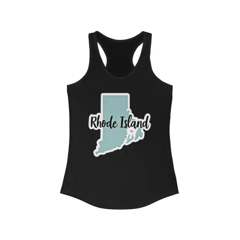 Black tank top featuring Rhode Island graphic in a stylish racerback design