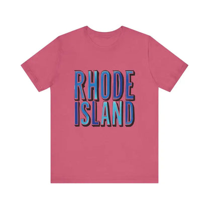 Pink unisex jersey T-shirt featuring Rhode Island text for stylish casual wear