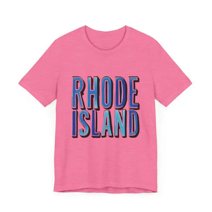 Pink unisex Jersey T-shirt featuring Rhode Island graphic text design