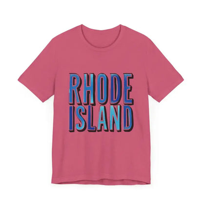 Pink unisex jersey T-shirt featuring Rhode Island graphic text design
