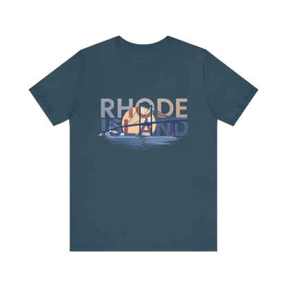 Blue t-shirt featuring a Rhode Island graphic from the Rhode Island Graphic Unisex Jersey Tee