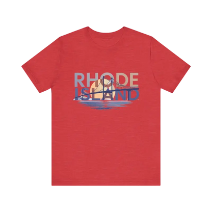 Red t-shirt featuring Rhode Island graphic in a unisex jersey style