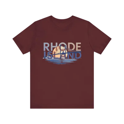 Maroon t-shirt featuring Rhode Island graphic in unisex jersey style