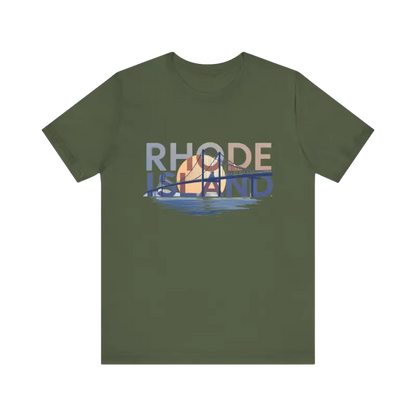 Olive green Rhode Island Graphic Unisex Jersey Tee displayed on a neutral background