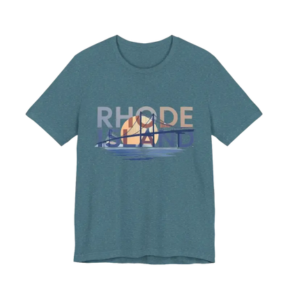Blue t-shirt featuring Rhode Island bridge graphic in a unisex jersey style