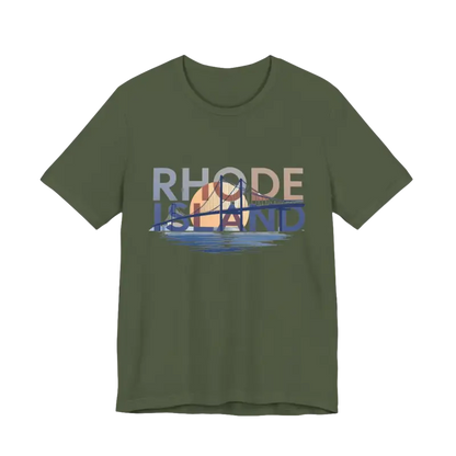 Olive green Rhode Island graphic unisex jersey tee displayed for sale