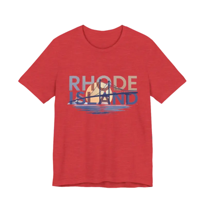 Red t-shirt featuring Rhode Island graphic in unisex jersey style