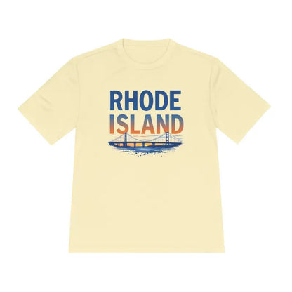 Beige Rhode Island Graphic Unisex Moisture Wicking Tee showcasing stylish design