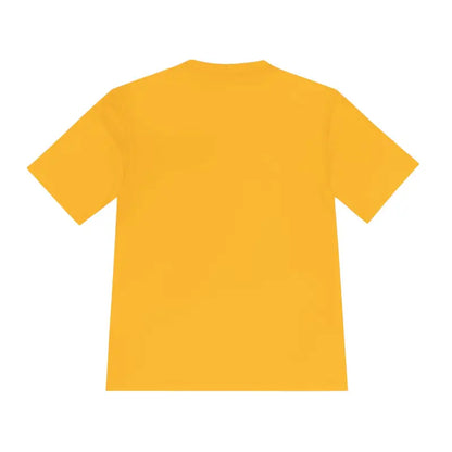 Mustard-yellow Rhode Island Graphic Unisex Moisture Wicking Tee displayed on a hanger