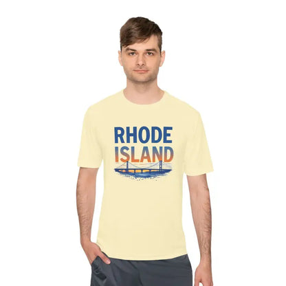 Man modeling a Rhode Island Graphic Unisex Moisture Wicking Tee shirt