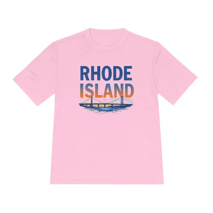 Pink moisture-wicking tee featuring Rhode Island graphic for unisex wear