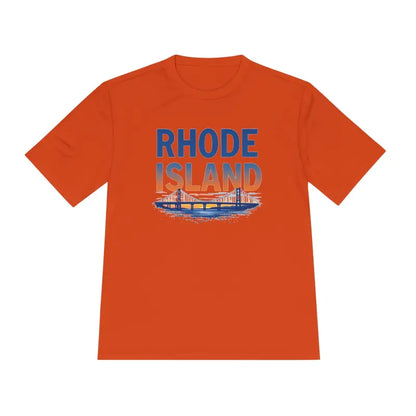 Orange t-shirt featuring Rhode Island design in unisex moisture-wicking fabric