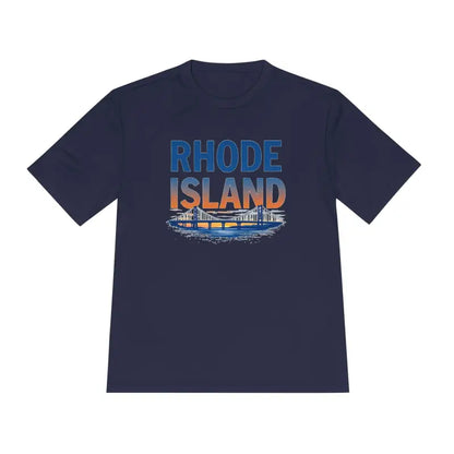 Navy blue Rhode Island graphic unisex moisture wicking t-shirt for casual wear