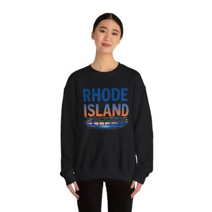 Black Rhode Island Sunset Crewneck Sweatshirt featuring white and pink accents