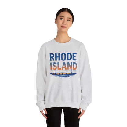 White sweatshirt featuring Rhode Island graphic from the Rhode Island Sunset Crewneck collection