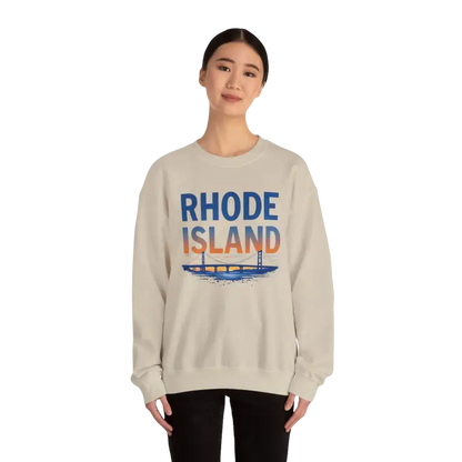 Beige sweatshirt featuring Rhode Island graphic, part of the Rhode Island Sunset Crewneck collection