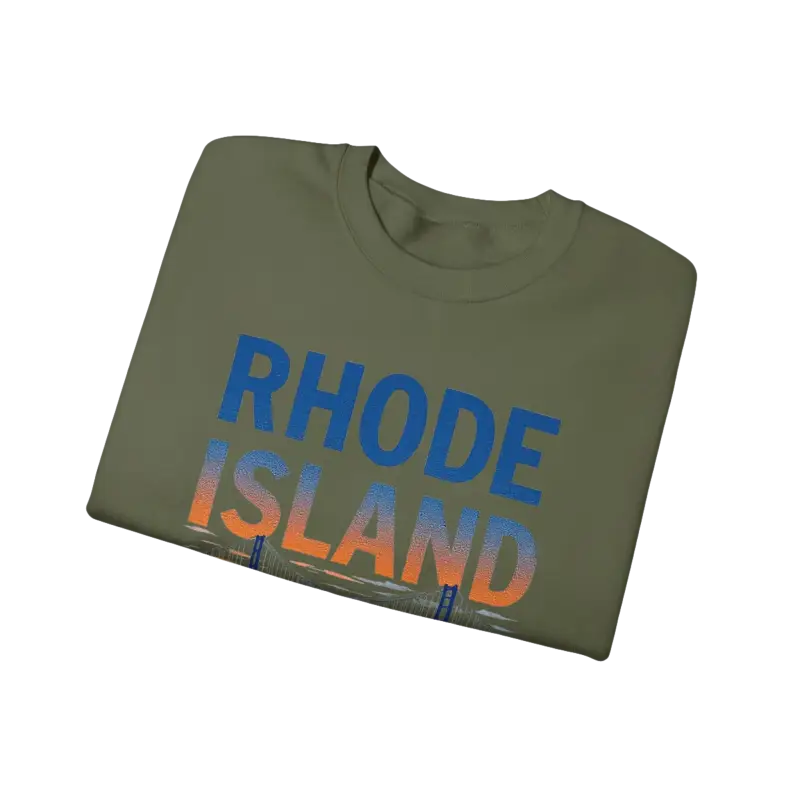 Folded Rhode Island t-shirt next to Rhode Island Sunset Crewneck Sweatshirt in Black, White, and Pink