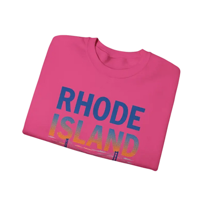Folded pink t-shirt featured with Rhode Island Sunset Crewneck Sweatshirt in Black White and Pink