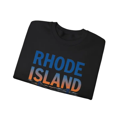 Folded black t-shirt featured in Rhode Island Sunset Crewneck Sweatshirt design