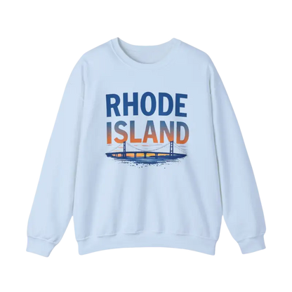 Light blue Rhode Island sweatshirt featured in crewneck design with sunset colors