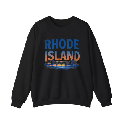 Black sweatshirt featuring Rhode Island sunset design in white and pink colors