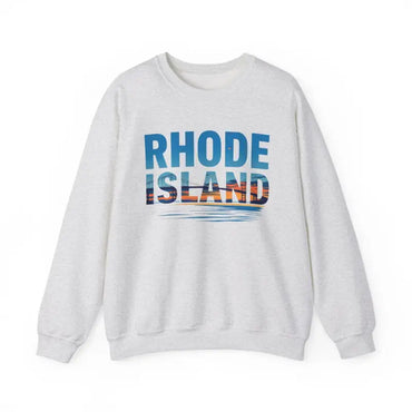 White sweatshirt featuring Rhode Island graphic, part of the Rhode Island Sunset Crewneck collection