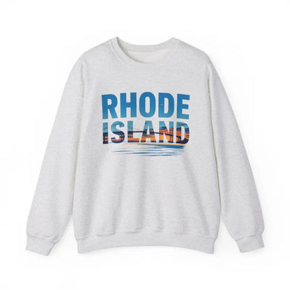 White sweatshirt featuring Rhode Island graphic, part of the Rhode Island Sunset Crewneck collection