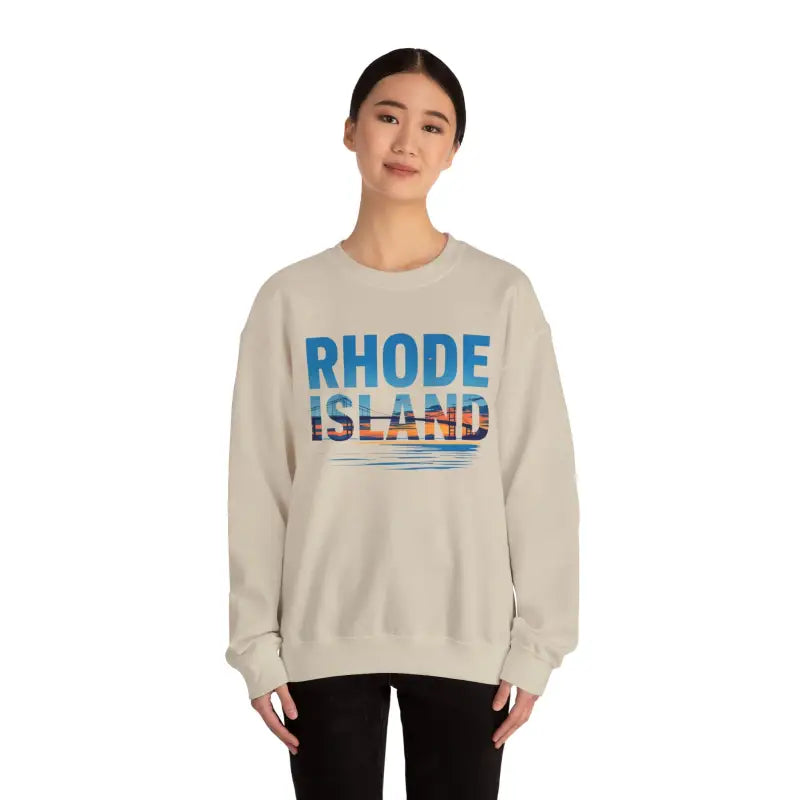 Beige Rhode Island Sunset Crewneck Sweatshirt Unisex Heavy Blend displayed on white background