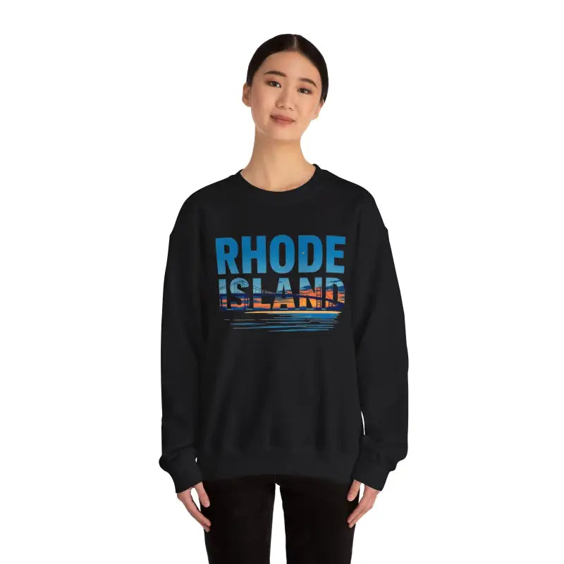 Black Rhode Island Sunset Crewneck Sweatshirt Unisex Heavy Blend with text design