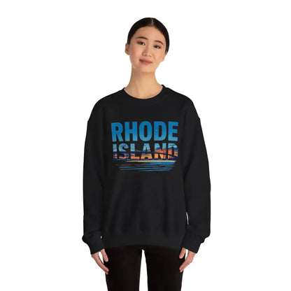 Black Rhode Island Sunset Crewneck Sweatshirt Unisex Heavy Blend with text design