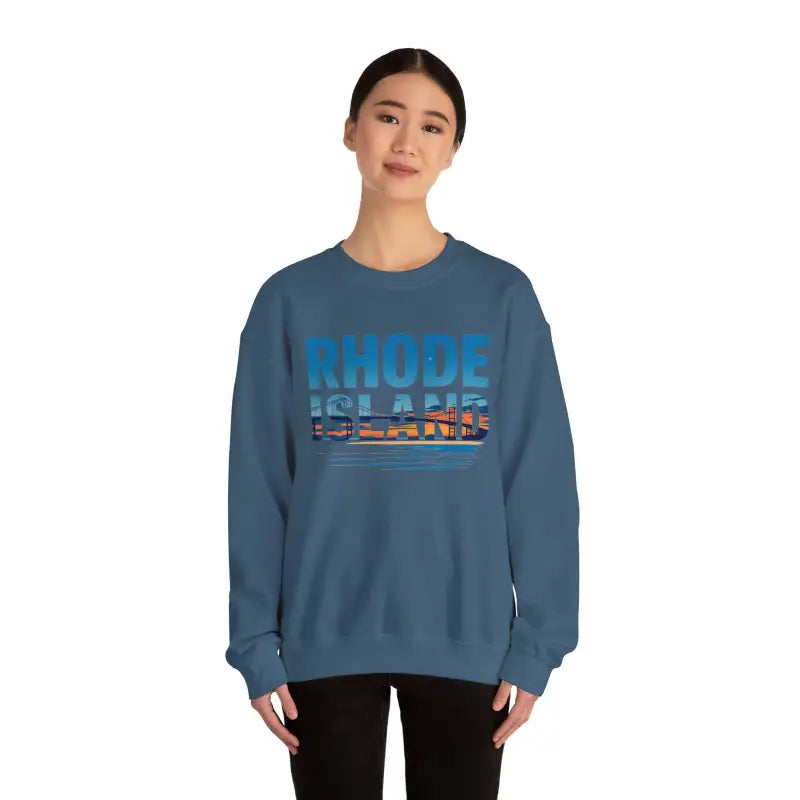 Blue Rhode Island Sunset Crewneck Sweatshirt Unisex Heavy Blend displayed attractively