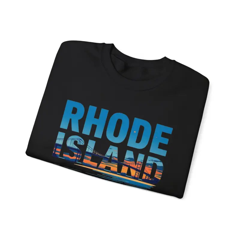Folded black t-shirt featuring Rhode Island design in a unisex heavy blend sweatshirt