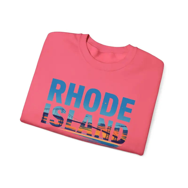 Folded pink t-shirt featuring Rhode Island graphic for Rhode Island Sunset Crewneck Sweatshirt