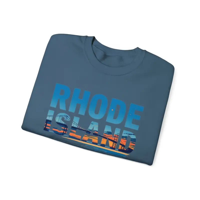 Folded blue t-shirt featuring Rhode Island graphic for Rhode Island Sunset Crewneck Sweatshirt