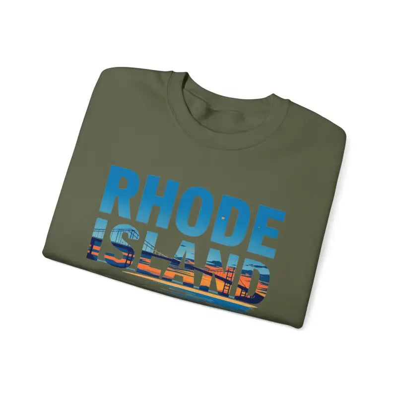 Folded olive-green t-shirt featured in Rhode Island Sunset Crewneck Sweatshirt