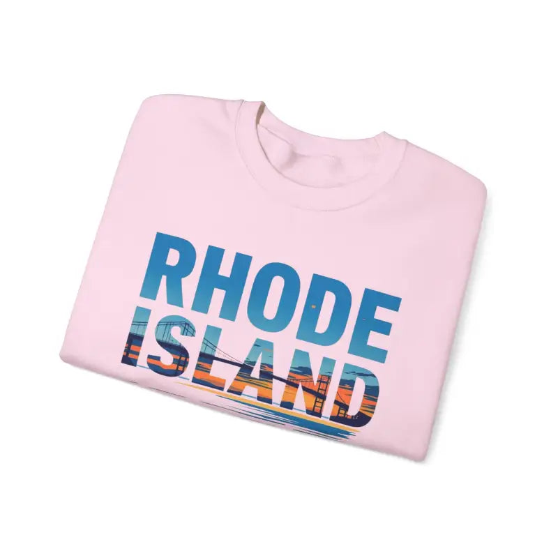 Folded white t-shirt featuring Rhode Island graphic for Rhode Island Sunset Crewneck Sweatshirt