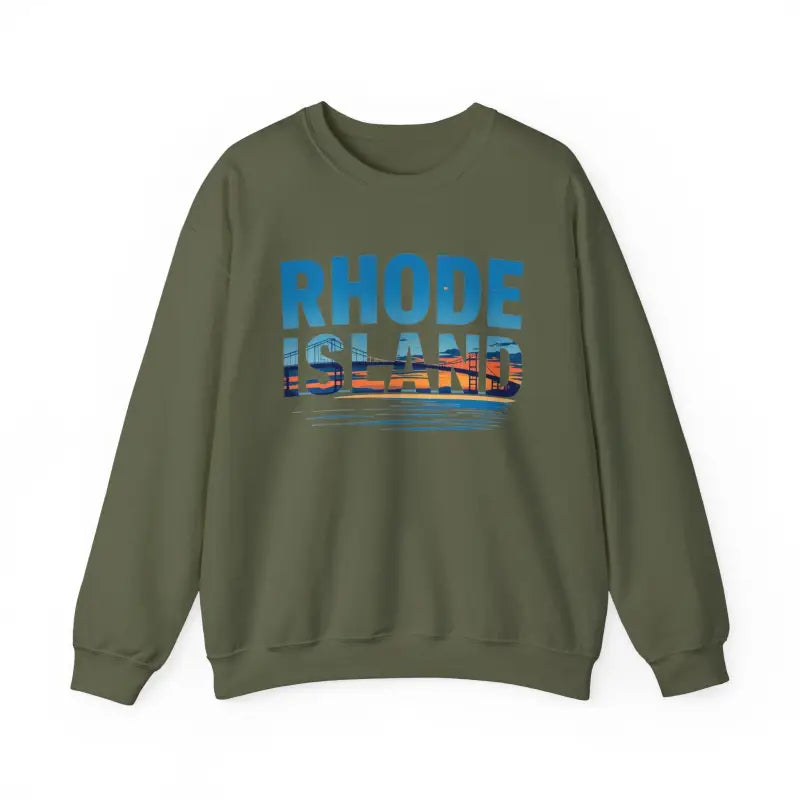 Olive green Rhode Island Sunset Crewneck Sweatshirt for unisex fashion